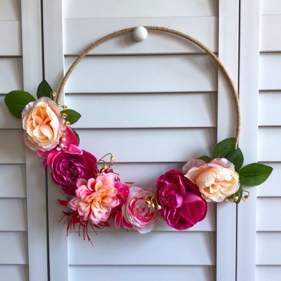 Other - 3/$10 Rose Pastel Barbie Pink Flower Unique Floral Decor Twine Tweed Hoop Wreath